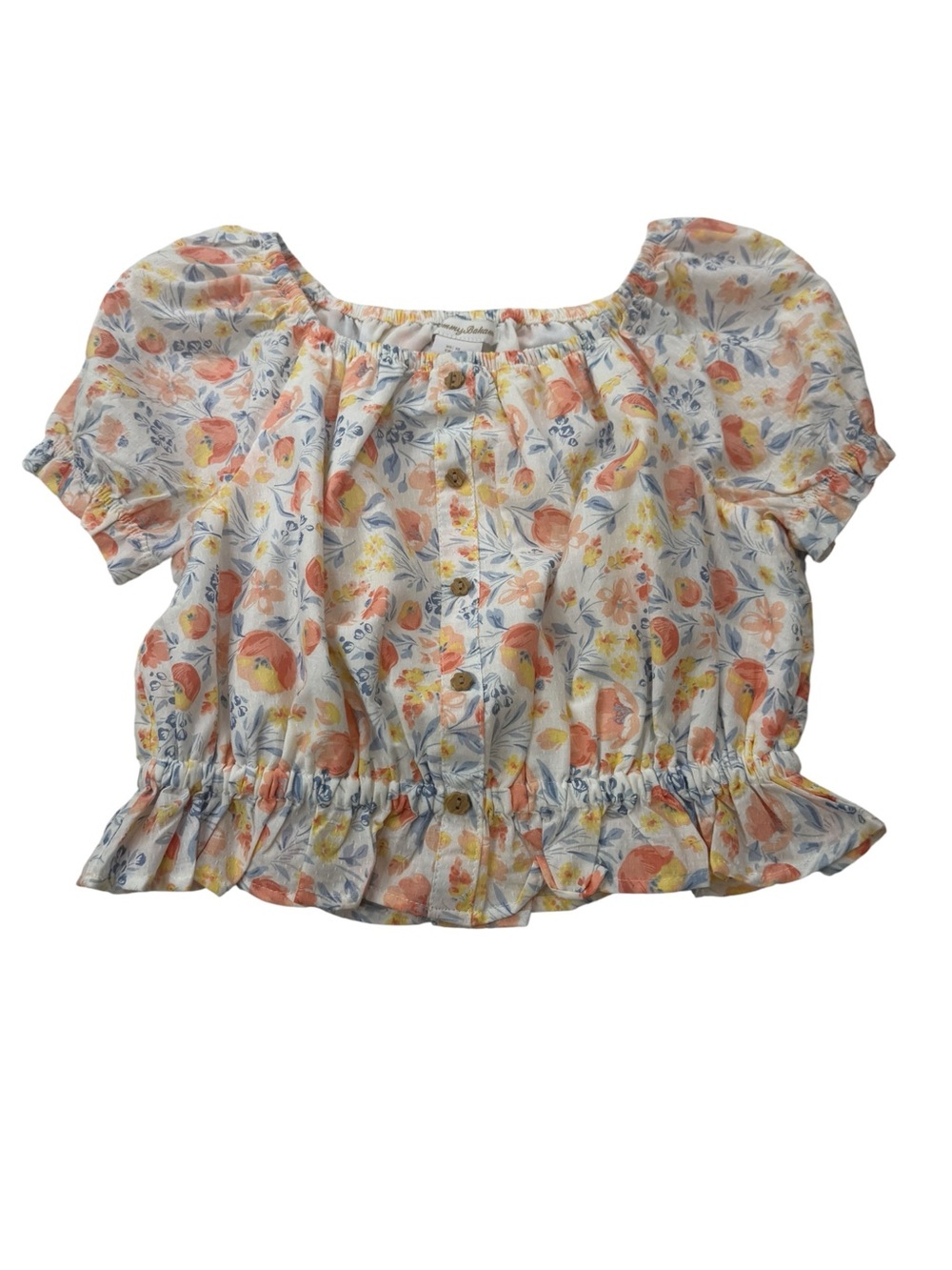 Tommy Bahama Girls White Floral Puff Sleeve Peasant Top Peach Yellow Size 10 NWT